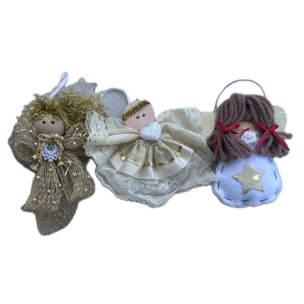 Vintage Handcrafted Handmade Novelty Angel Trio Felt Lace Ribbon Ornaments